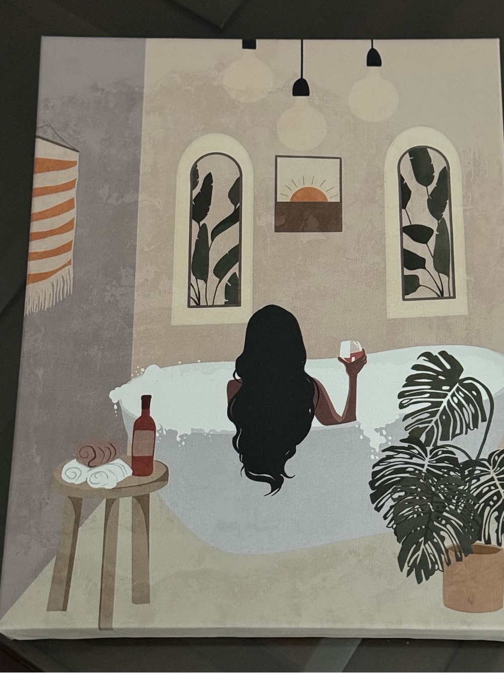 Source Unknown Neutral Toned Bath Wall Art with Green Plant and Black Silhouette